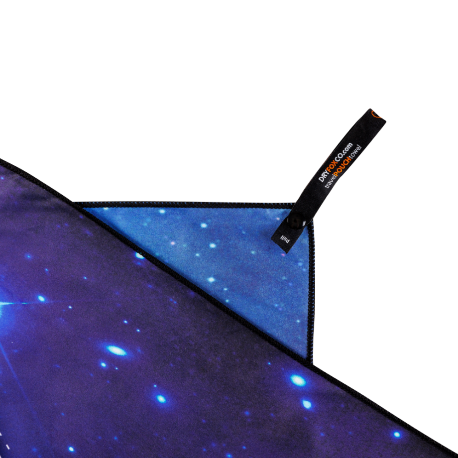 dryfoxco cosmic beach towel snap hang loop tag detail