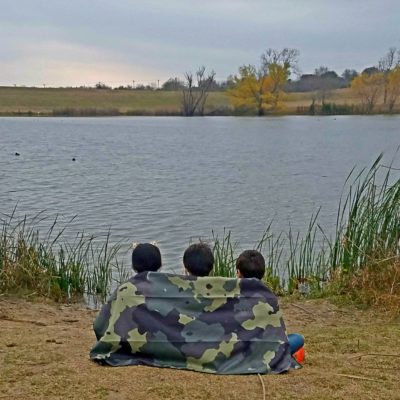 kids with DryFoxCo towel by lake