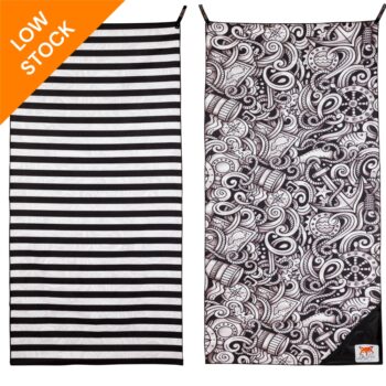 black and white stripes beach towel with "low stock" warning