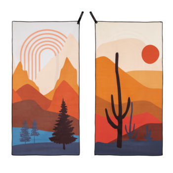 dryfoxco pack size towel in nature print with forest front and desert back on white background