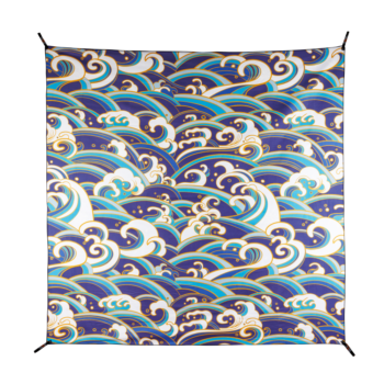product photo of dryfoxco waves print beach blanket on white background front side with waves